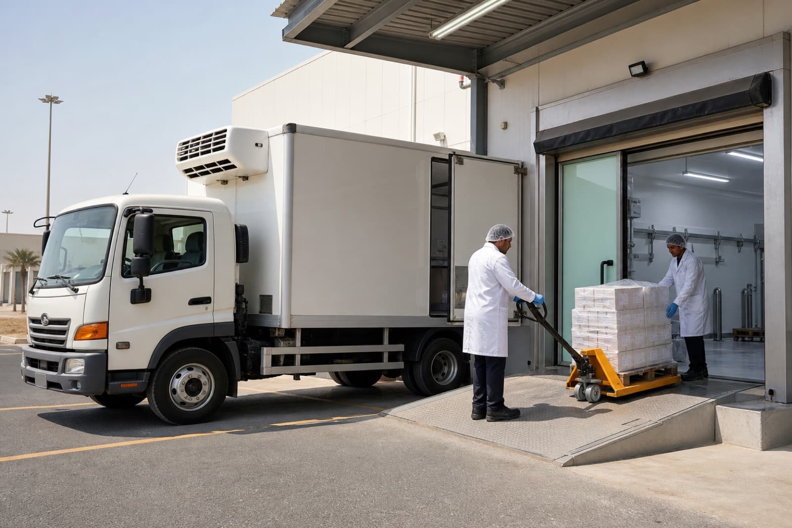 Refrigerated truck at a UAE receiving dock — chilled cartons moving from vehicle to cold room.