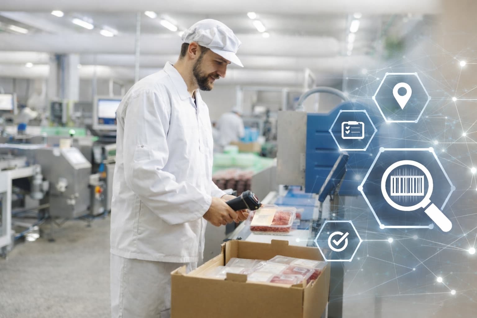 Abstract analytics dashboard suggesting supply-chain visibility and batch verification